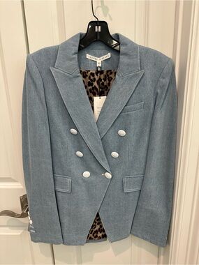 Veronica Beard Powder Blue Double-Breasted Blazer with Leopard Lining